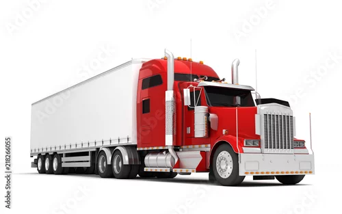 Obraz Koncepcja logistyki. Amerykańska czerwona Freightliner ładunek ciężarówka z zbiornikiem rusza się od lewej do prawej odizolowywającej na białym tle. Perspektywiczny. widok z przodu. Ilustracja 3D