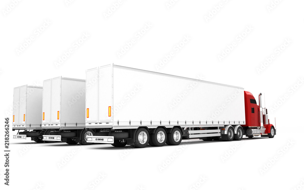 Logistics concept. Group of three red american Freightliner cargo trucks with containers stand in a row from left to right isolated on white background. Perspective. Rear side view. 3D illustration