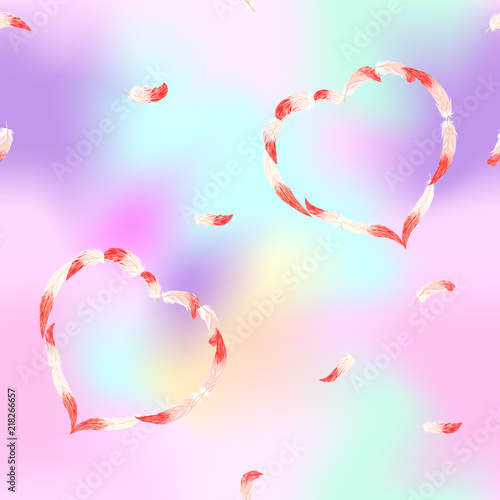 Seamless pattern, background. with pink flamingo feathers on In light ultra violet pastel colors on mesh pink, blue background. Stock vector illustration.