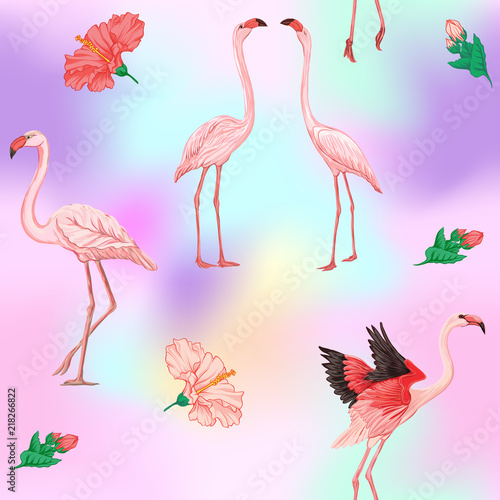 Seamless pattern  background. with pink flamingos and feathers on In light ultra violet pastel colors on mesh pink  blue background. Stock vector  illustration.