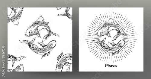 Pisces, fish. Set of Zodiac sign illustration on the sacred geometry symbol pattern and  seamless pattern with this sign. Black-and-white graphics. Stock vector illustration.