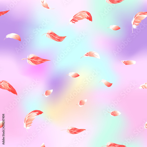 Seamless pattern, background. with pink flamingo feathers on In light ultra violet pastel colors on mesh pink, blue background. Stock vector illustration.