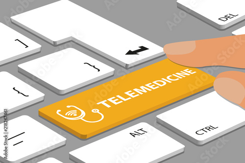 Keyboard With Yellow Telemedicine Button - Computer Or Laptop With Fingers - Vector Illustration