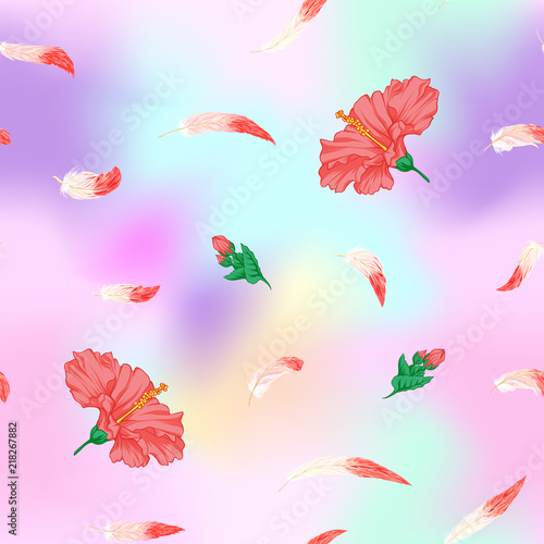 Seamless pattern, background. with pink flamingo feathers and  hibiscus on In light ultra violet pastel colors on mesh pink, blue background. Stock vector illustration.