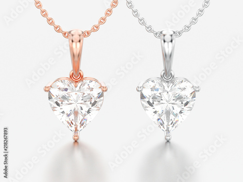 3D illustration two rose and white gold or silver big heart diamond necklaces on chains