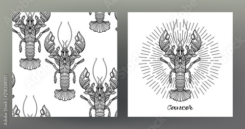 Cancer Set of Zodiac sign illustration on the sacred geometry symbol pattern and  seamless pattern with this sign. Black-and-white graphics. Stock vector illustration.
