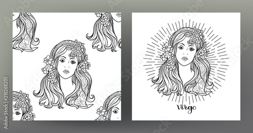 Virgo, women, girl/ Set of Zodiac sign illustration on the sacred geometry symbol pattern and seamless pattern with this sign. Black-and-white graphics. Stock vector illustration.