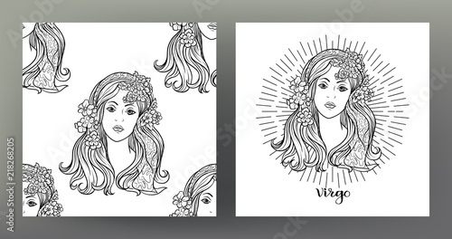Virgo, women, girl/ Set of Zodiac sign illustration on the sacred geometry symbol pattern and  seamless pattern with this sign. Black-and-white graphics. Stock vector illustration.