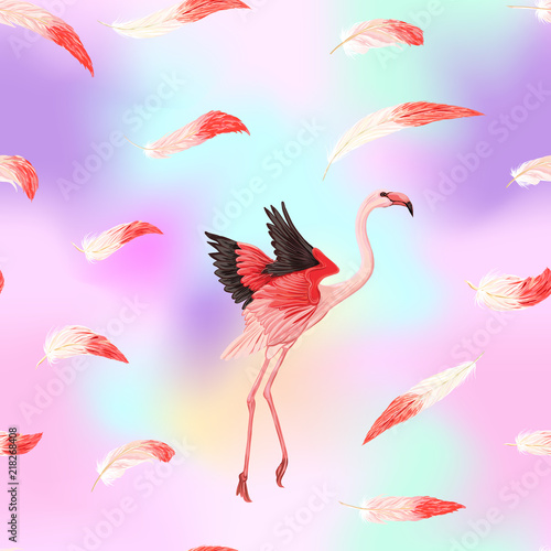 Seamless pattern, background. with pink flamingos and feathers on In light ultra violet pastel colors on mesh pink, blue background. Stock vector illustration.