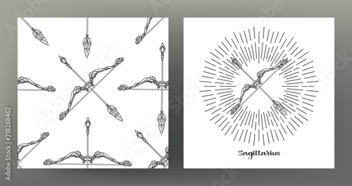Sagittarius,  bow arrows. Set of Zodiac sign illustration on the sacred geometry symbol pattern and  seamless pattern with this sign. Black-and-white graphics. Stock vector illustration.