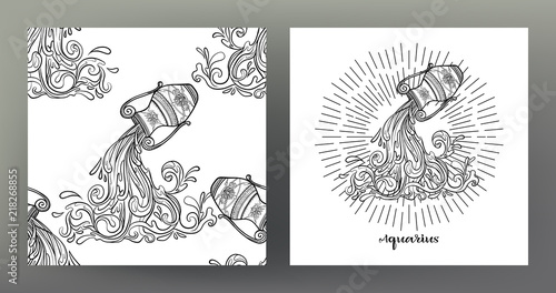Aquarius. Set of Zodiac sign illustration on the sacred geometry symbol pattern and  seamless pattern with this sign. Black-and-white graphics. Stock vector illustration.