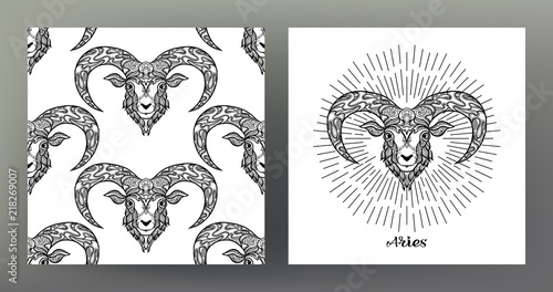 Aries, sheep, ram. Set of Zodiac sign illustration on the sacred geometry symbol pattern and  seamless pattern with this sign. Black-and-white graphics. Stock vector illustration.