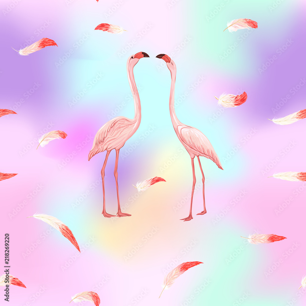Fototapeta premium Seamless pattern, background. with pink flamingos and feathers on In light ultra violet pastel colors on mesh pink, blue background. Stock vector&nbsp;illustration.