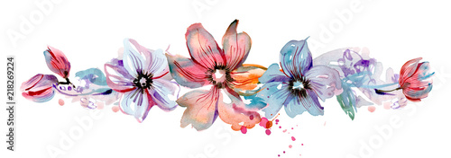 Cute watercolor hand painted flower border. Invitation. Wedding card. Birthday card