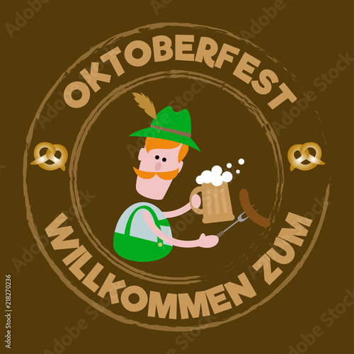 Oktoberfest. A man in a green hat with a feather, with a mug of beer and a sausage in his hands. The text is in a circle. Stamp for printing, for flyer and t-shirt.