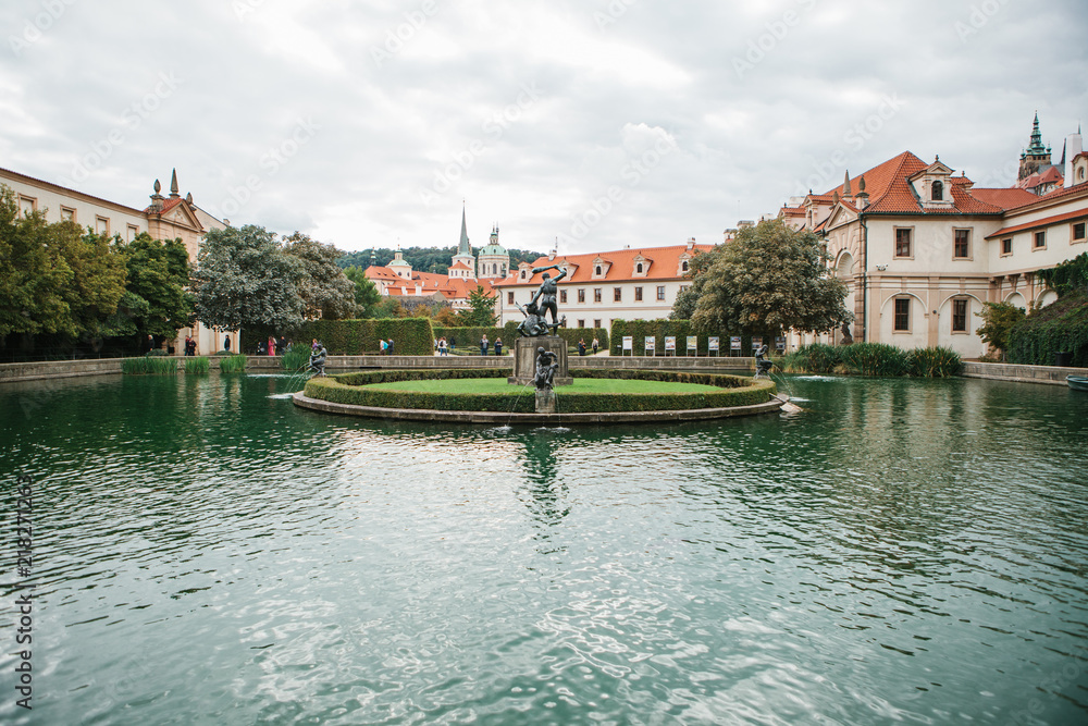 Beautiful view of the fountain in the Waldstein Garden in Prague in the Czech Republic.