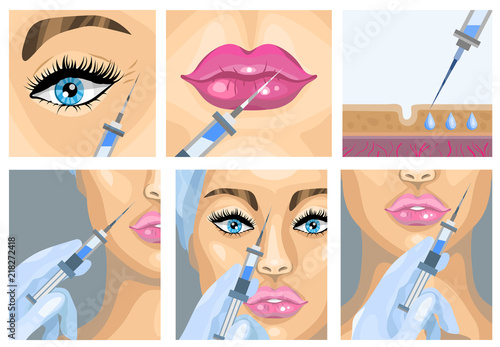 Botox injection cosmetic procedure set. Vector illustration