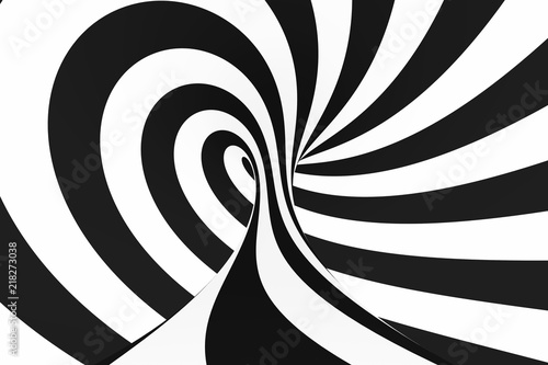 Black and white spiral tunnel. Striped twisted hypnotic optical illusion. Abstract background. © gurzart
