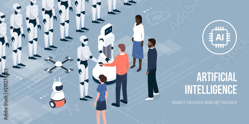 Business people meeting AI robots