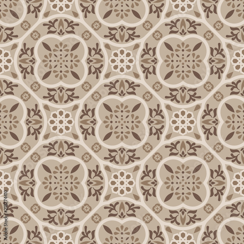 Floor tiles ornament brown vector pattern print. Neutral colors geometric hexagonal seamless backdrop.