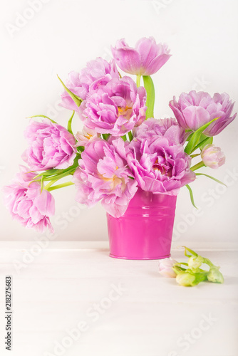 Fototapeta Naklejka Na Ścianę i Meble -  Beautiful Bunch of Peony Style Tulips in the Pink Pot
