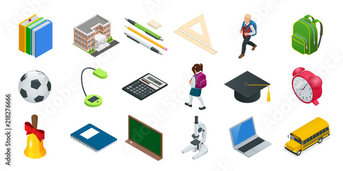 Isometric education icons set. Back to school, workplace, school kids and other elements. Vector illustration.