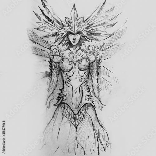 zodiac, drawing of warrior with armor, tattoo drawing on gray background