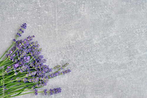Fototapeta Naklejka Na Ścianę i Meble -  Lavender flowers bouquet on gray background. Copy space, top view. Summer background. Copy space