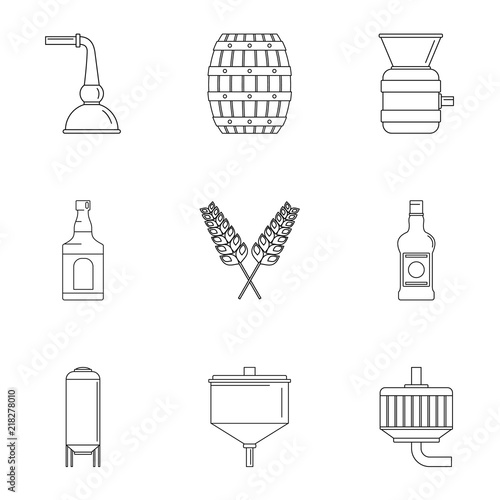 Beer distillation icons set. Outline set of 9 beer distillation vector icons for web isolated on white background