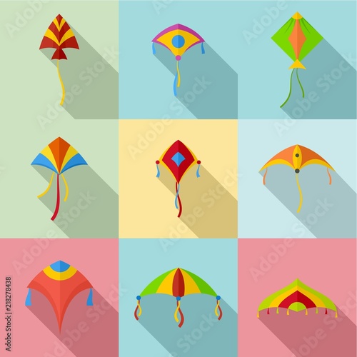 Flying kite icons set. Flat set of 9 flying kite vector icons for web isolated on white background