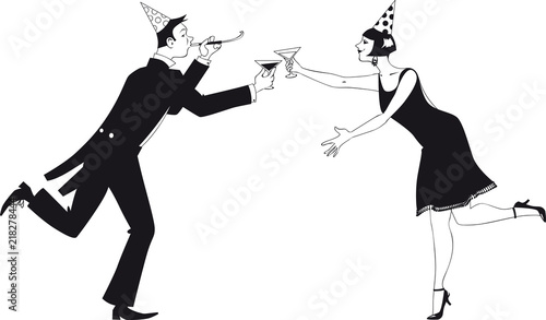 Couple dressed in 1920 fashion having champagne and celebrating Christmas, new year or a birthday, EPS 8 vector illustration, no white objects