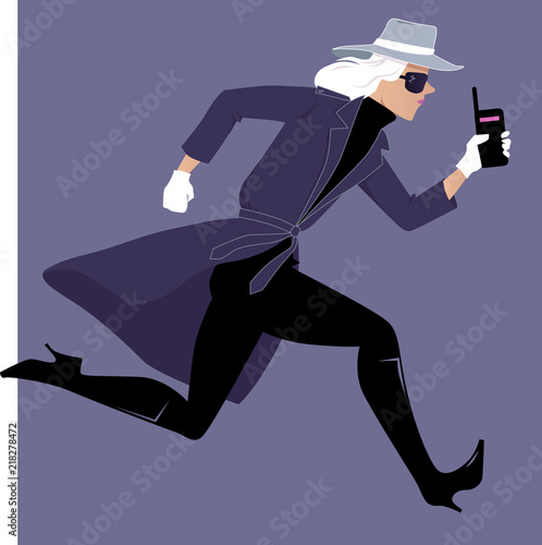 Female secret agent running with a walkie-talkie, EPS 8 vector illustration