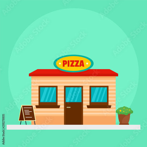 Fototapeta Naklejka Na Ścianę i Meble -  Pizza street shop background. Flat illustration of pizza street shop vector background for web design
