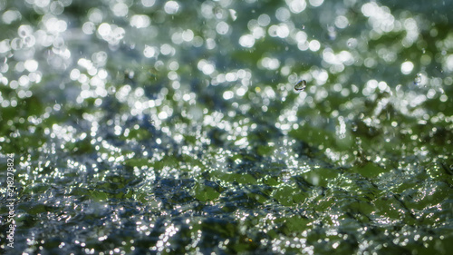 Drops of rain fall into the water, selective focus close-up