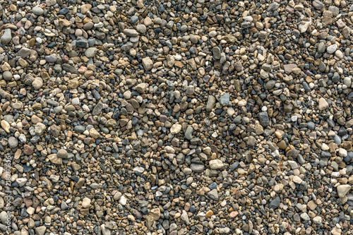 Abstract natural background with dry round pebble stone uneven surface. Gravel texture.