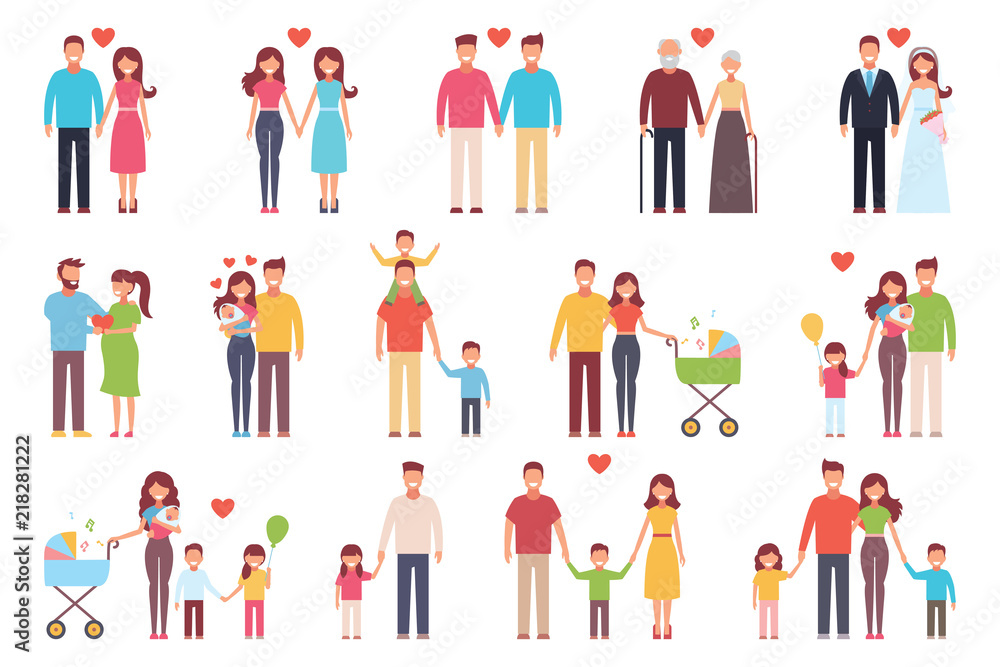 A happy family. Set. Design of onwf, mother, daughter and son, husband, wife, grandmother, grandfather. Vector illustration on white background