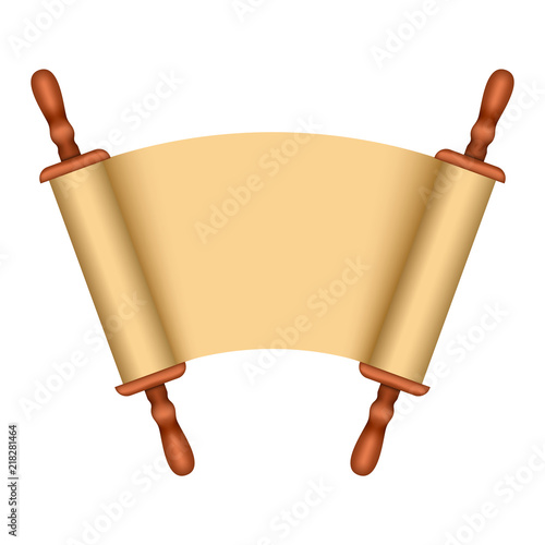 Open old paper rolled papyrus mockup. Realistic illustration of open old paper rolled papyrus vector mockup for web design isolated on white background
