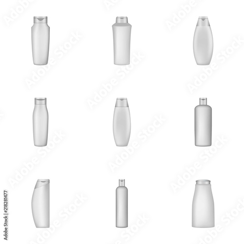 Packing shampoo icons set. Cartoon set of 9 packing shampoo vector icons for web isolated on white background