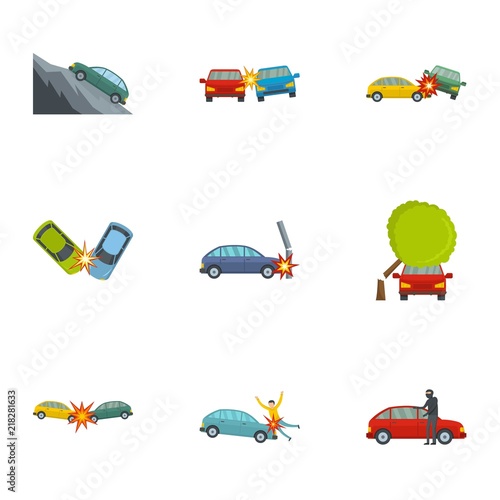 Car accident icons set. Cartoon set of 9 car accident vector icons for web isolated on white background