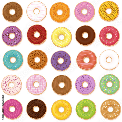 Donut varieties. Twenty-five different donuts with individual tastes, flavors, colors, styles. Isolated vector illustration on white background.