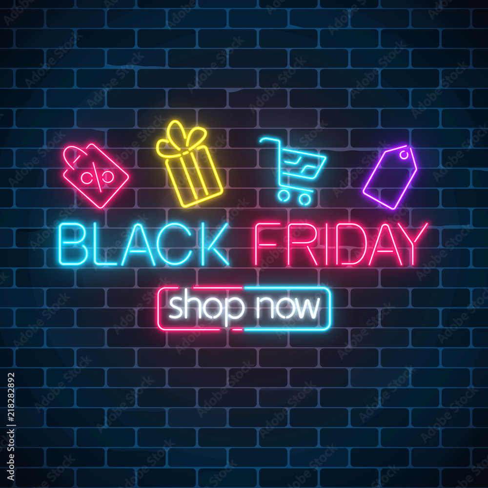 Obraz premium Glowing neon sign of black friday sale with shopping symbols. Seasonal sale web banner. Black friday light signboard.