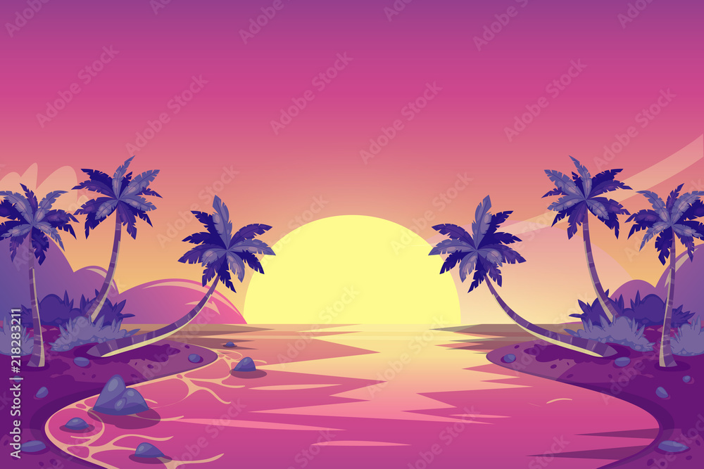 Tropical summer sunset. Vector cartoon island landscape illustration. Palm trees on the ocean beach.