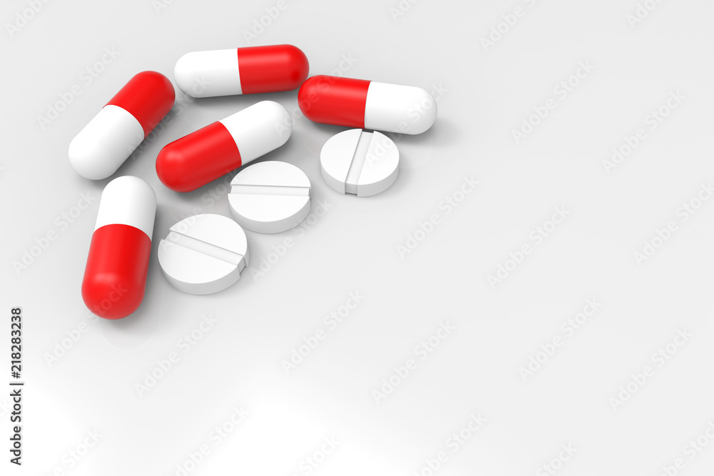 3d rendering. red and white medecine pills on copy space white backgorund. 3d rendering. red and white medecine pills on copy space white backgorund.