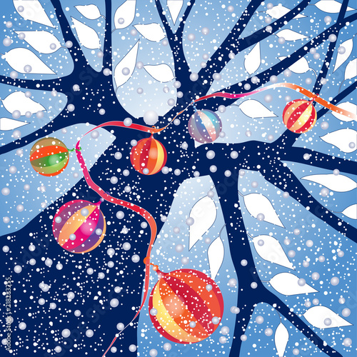 Tree Strewn with Christmas Balls, Vector Illustation