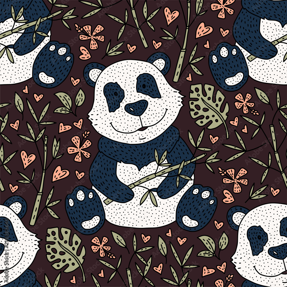 Naklejka premium Panda bear doodle seamless pattern. Hand drawn detailed cartoon card. Vector nature illustration.