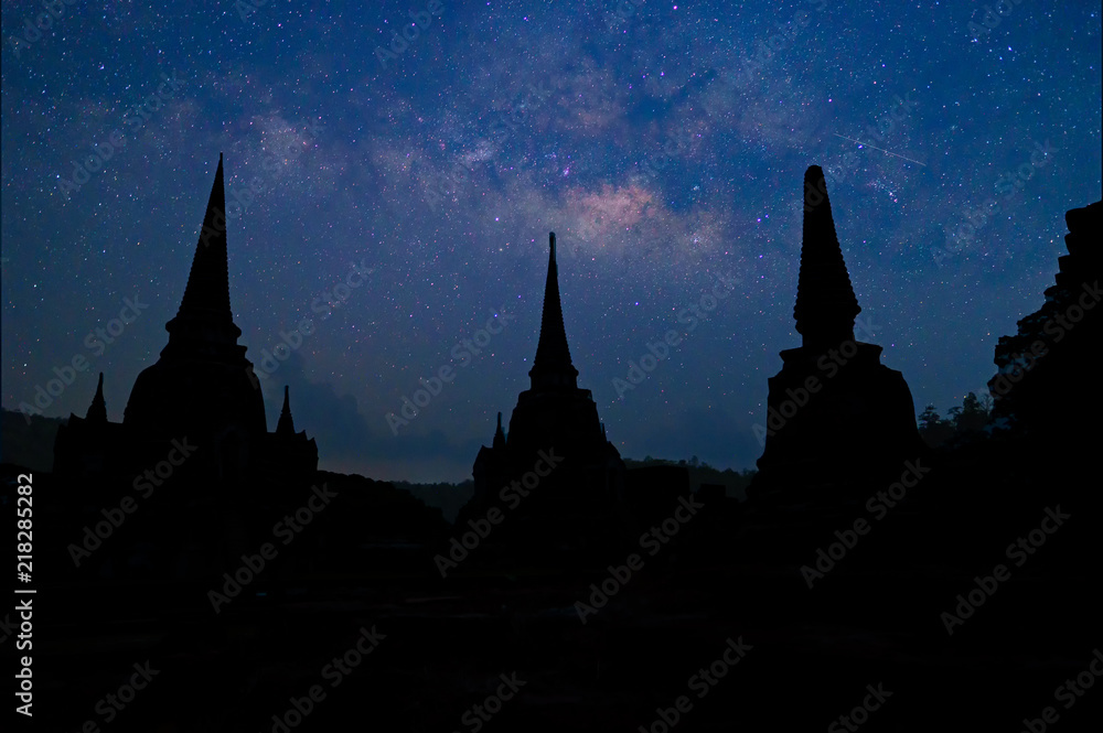Night landscape with colorful Milky Way of Ayutthaya Historical Park