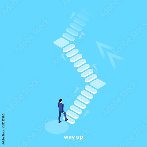 a man in a business suit runs up the arrow, an isometric image