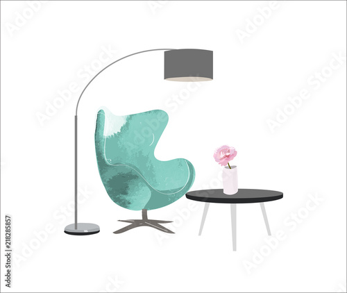 armchair and lamp watercolor illustration for interior design. hand drawn furniture vector. 