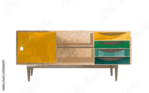 sideboard watercolor illustration. interior design hand drawn element. mid century modern furniture. 
