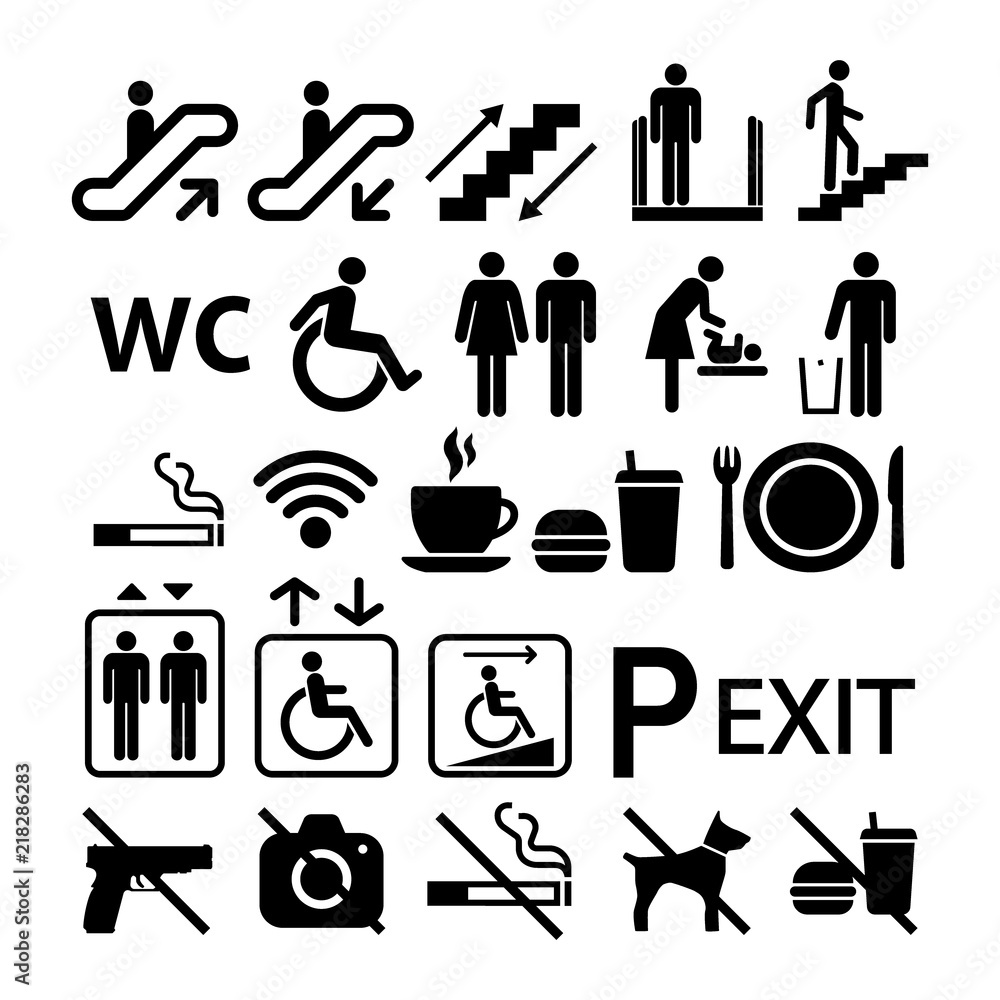Public building universal icon signs. Shopping center information signs set of symbols. vector